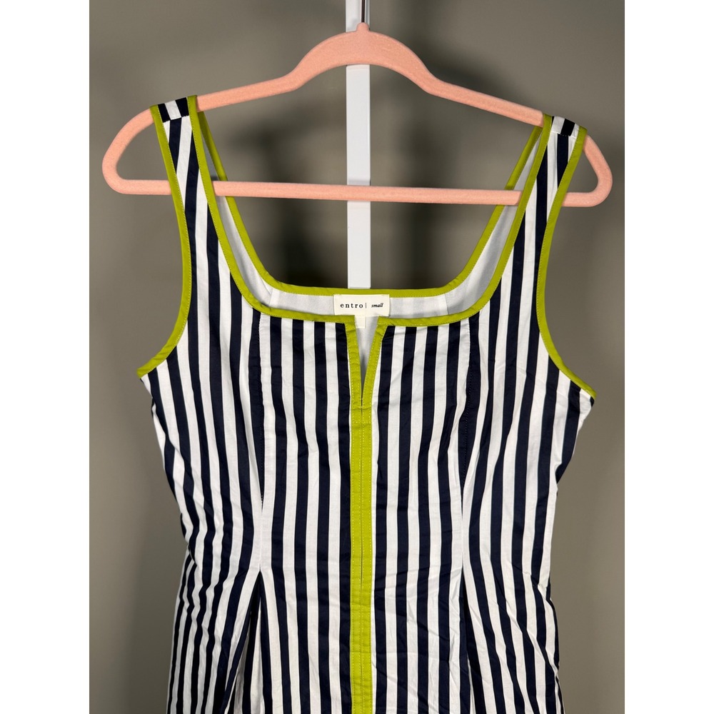 Entro Striped Midi Dress Green Trim Sleeveless Coastal Preppy Cotton Small - Picture 4 of 9